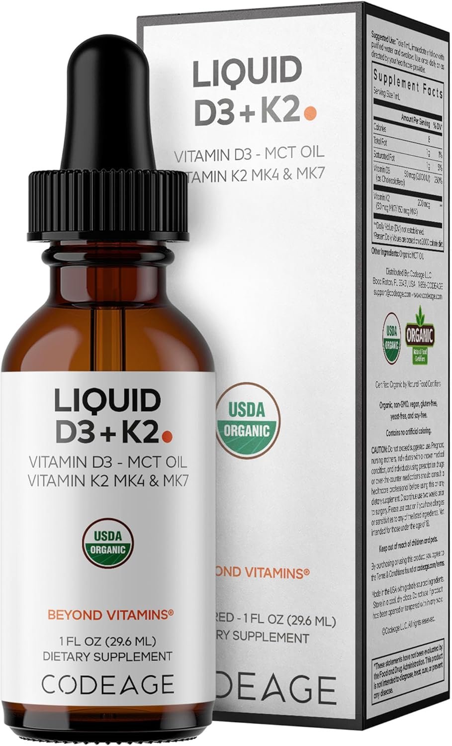 Codeage Liquid D3+K2 Vitamins USDA Organic – Vitamin D3 2000 IU, Vitamin K2 (MK4 & MK7) Liquid Drops – Immune Support – Unflavored – Organic MCT Oil – Non-GMO – 1 fl oz