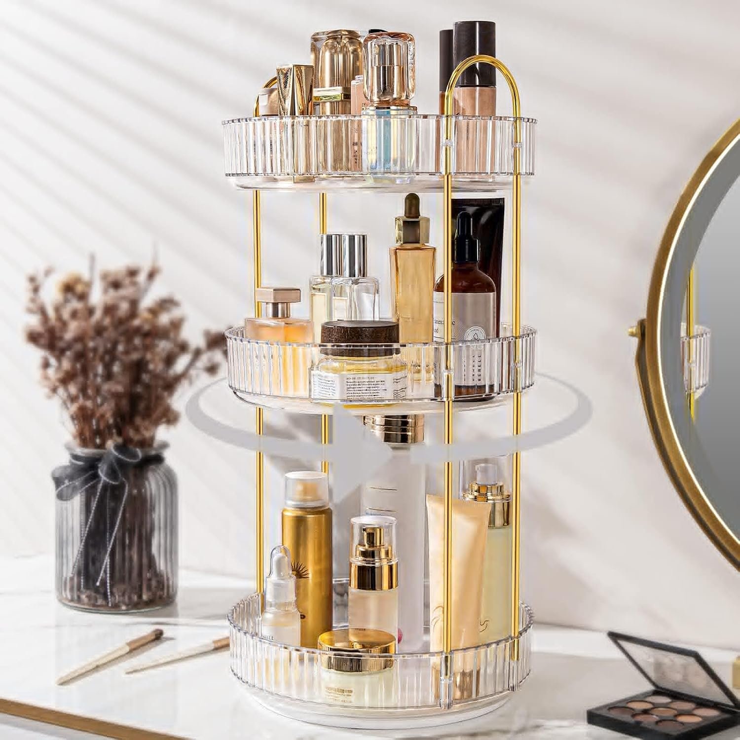 360 Rotating Makeup Organizer for Vanity, Bathroom Countertop Spinning Perfume Organizer, High-Capacity Cosmetic and Skincare Dresser Make Up Holder Rack (3 Tiers, White)