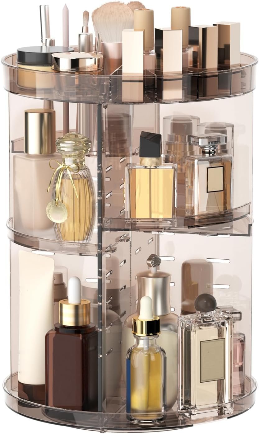 Jiavarry 360 Rotating Makeup Organizer with DIY 8 Adjustable Height, Brown