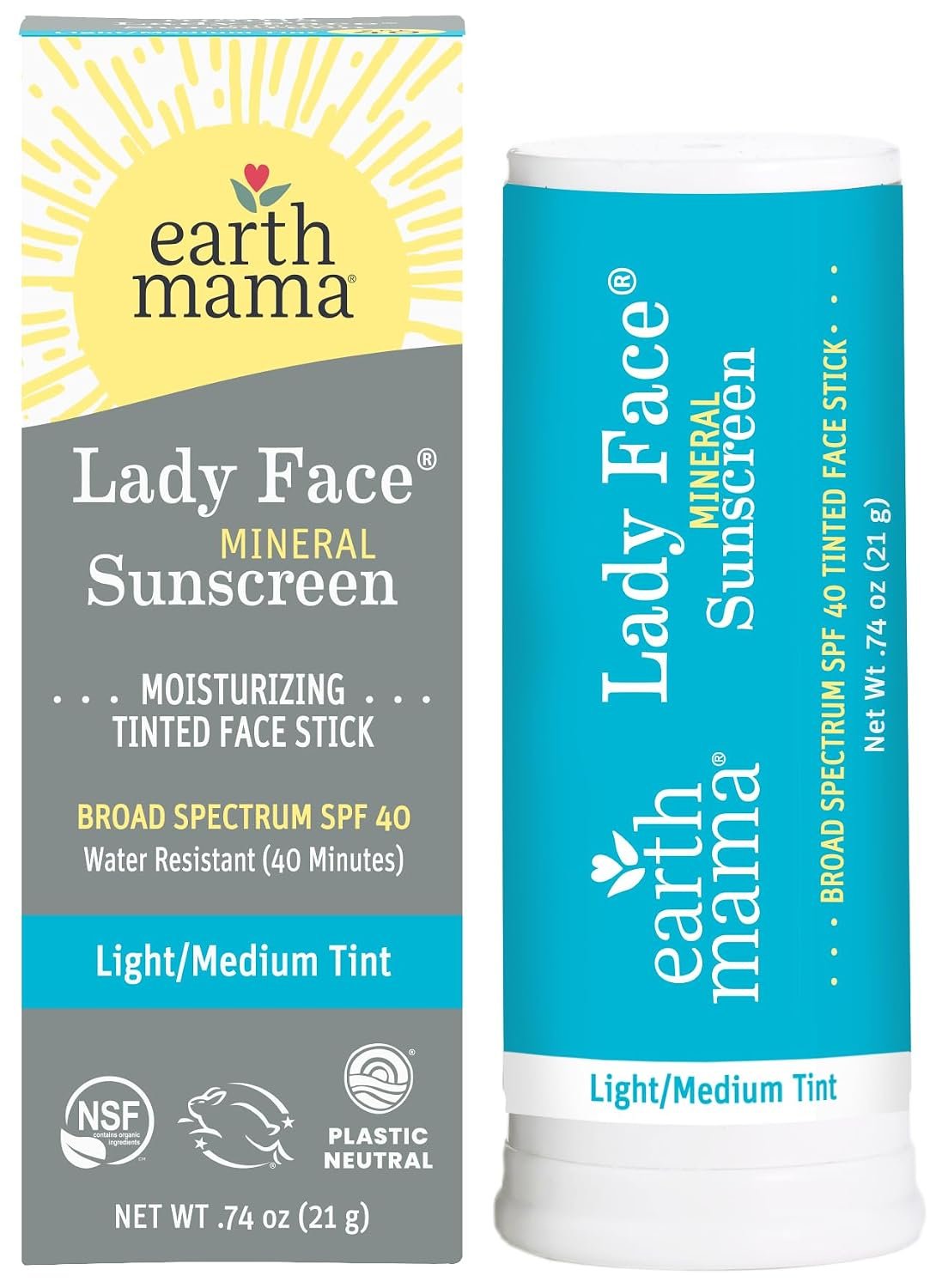 Earth Mama – Lady Face Tinted Sunscreen Stick, Light/Med SPF 40-0.74 oz