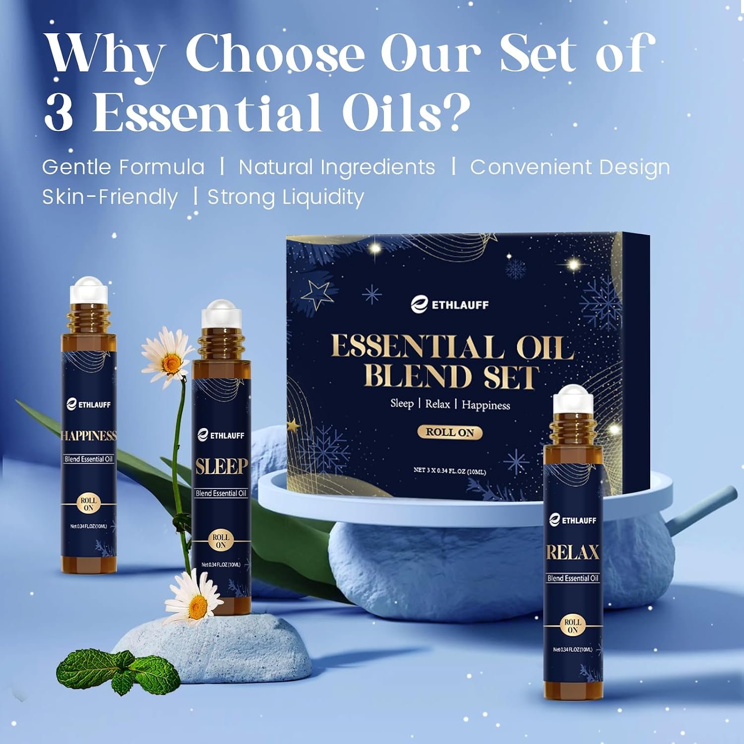 Essential Oil Roller Set, (Sleep, Relax, Happiness) Aromatherapy Roll On for Body Skin Care, Home – Natural Aromatherapy Gift, Relaxtion Gift, Stress Relief Gift for Women and Men