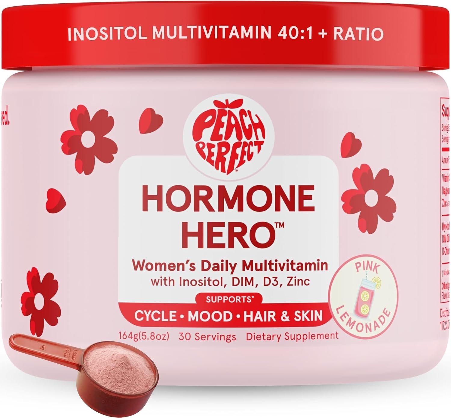 Peach Perfect Inositol Powder Multivitamin, Pink Lemonade Flavor – 4g Myo & D-Chiro Inositol, DIM, Zinc, Magnesium Glycinate, Vitamin D3 – Supports Women’s Health, Cycle, Energy, 30 SVG