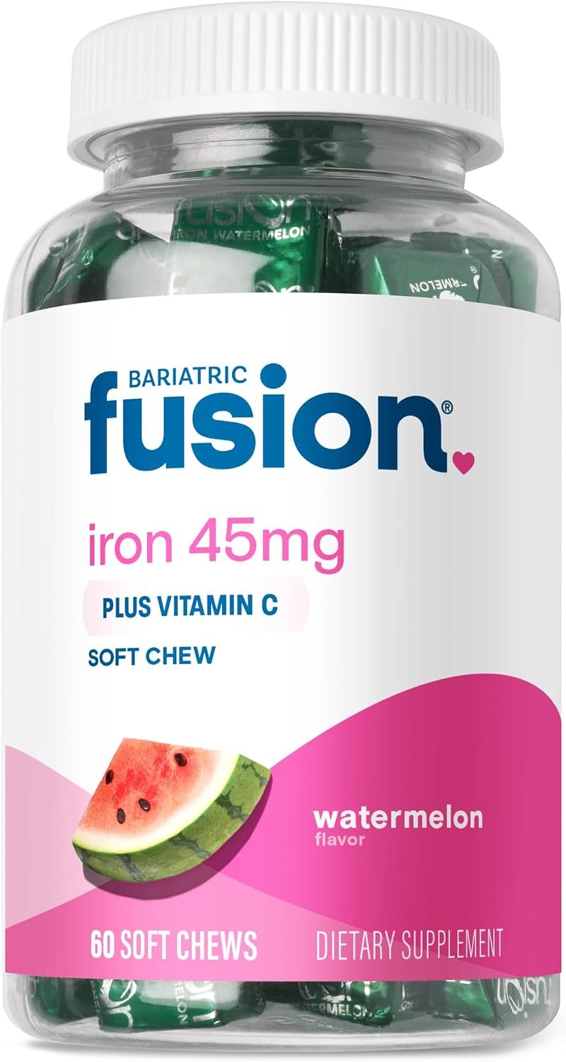 Bariatric Fusion Iron Supplement for Women Anemia | Chewable Iron with Vitamin C | Watermelon Flavored Soft Chew | Gentle on Stomach Ferrous Fumarate for Women and Men | Gluten Free | 60 Count