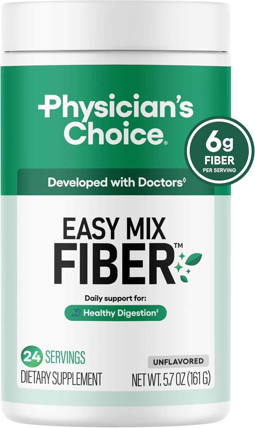 Physician’s CHOICE Easy Mix Fiber for Digestive Health & Regularity – No Grit, Sugar Free, & Tasteless – Daily Prebiotic Soluble Fiber Powder Supplement for Women and Men – Unflavored – 5.7oz