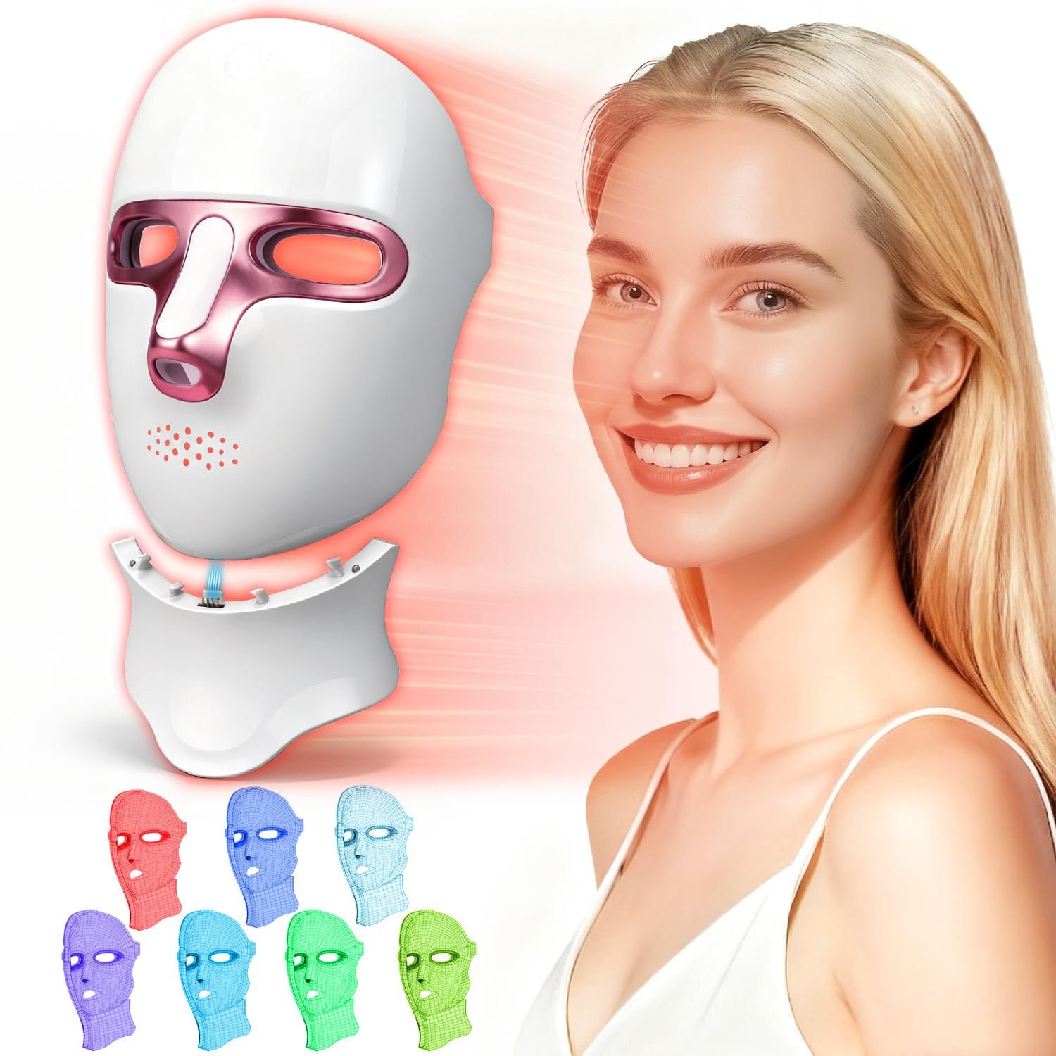 Red Light Therapy for Face and Neck, 7 Colors LED Mask, Rechargeable