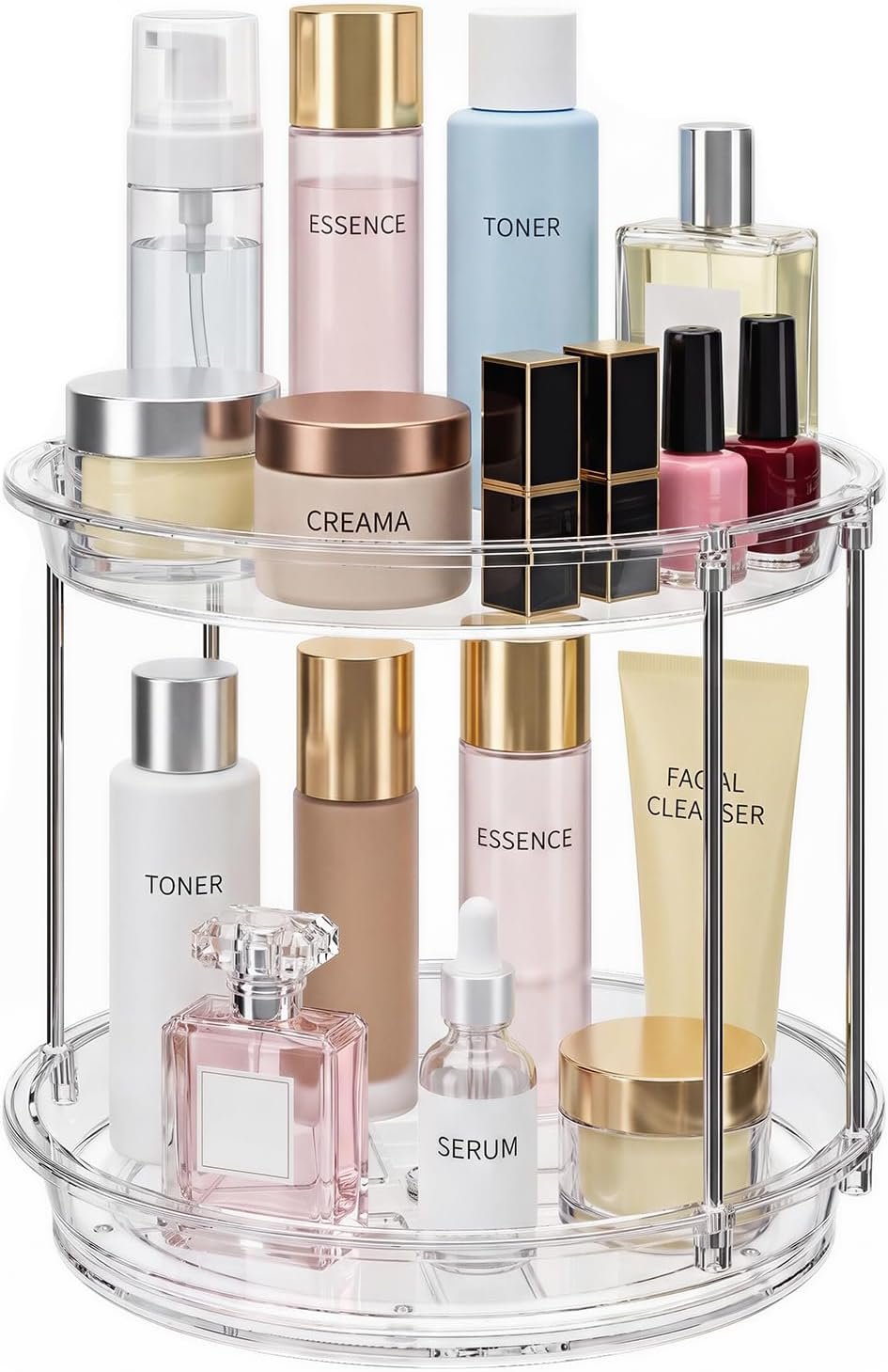 Rotating Makeup Organizer for Vanity, Skincare Holder with 2 Tier Tray