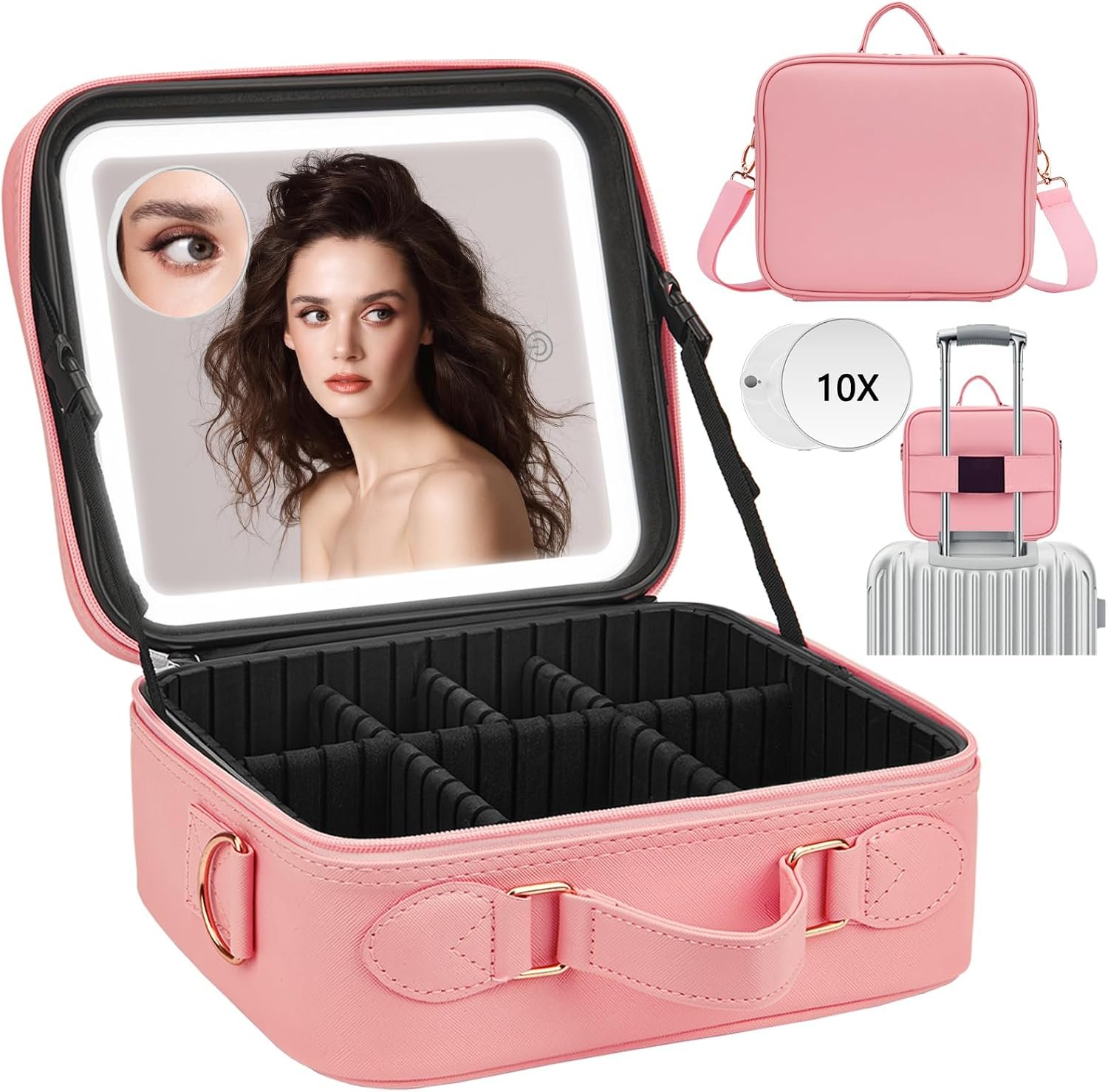 ViKert Travel Makeup Bag with Light Up Mirror,Makeup Travel Case with adjustable dividers,Waterproof Makeup Train Case,lighted Makeup Case with Detachable Mirror