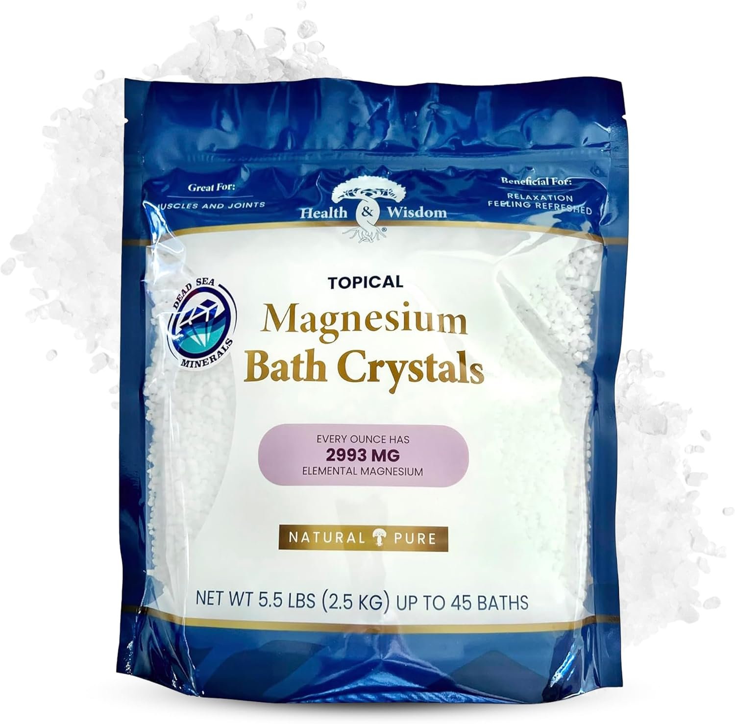 Health and Wisdom Magnesium Bath Crystals – Bath Salts with High Concentration & Enhanced Absorption for Muscle & Joint Relief – Dead Sea Sourced – Unscented – 5.5 lb Bag – Up to 45 Uses