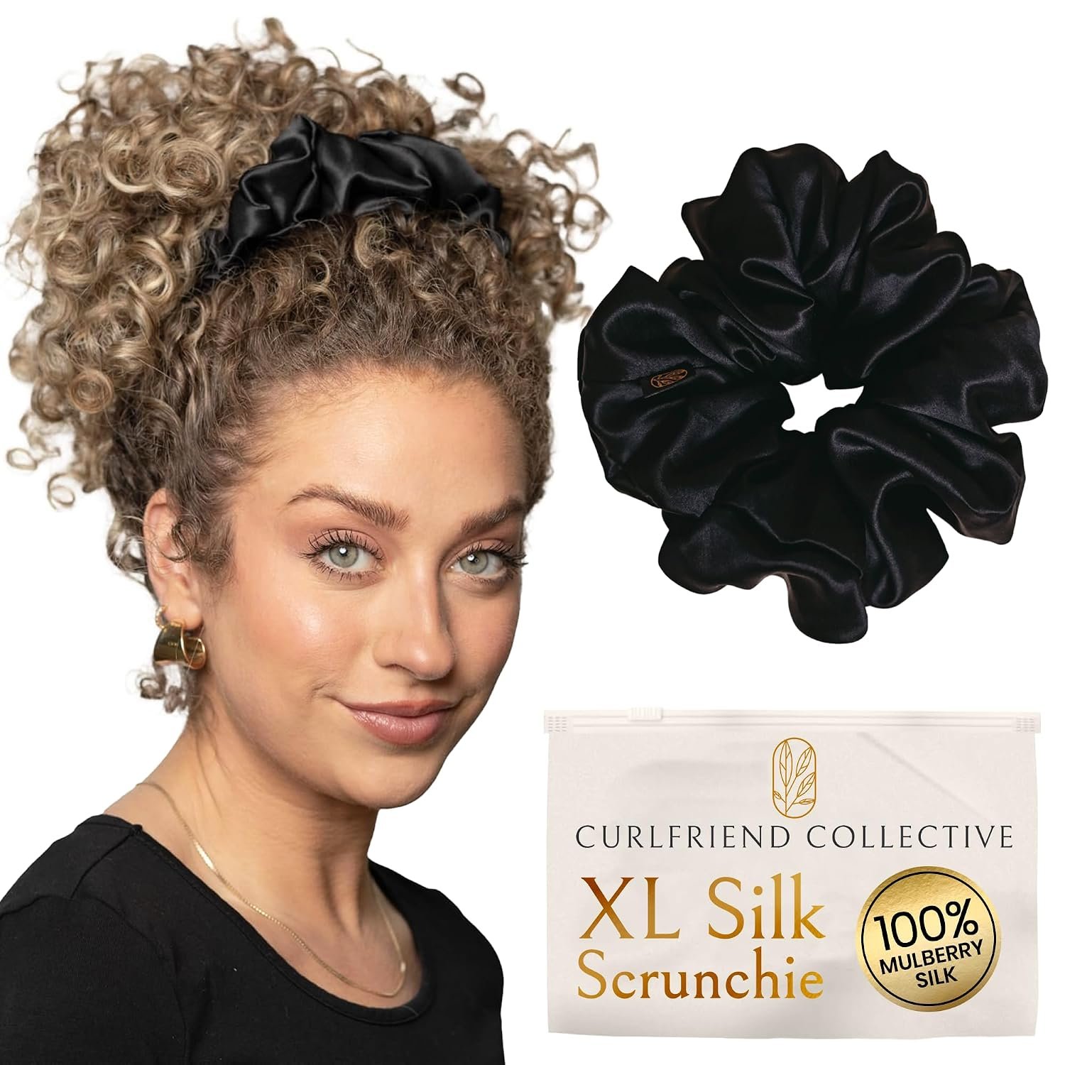 Curlfriend Oversized Mulberry Silk Scrunchies for Women, XL, Black