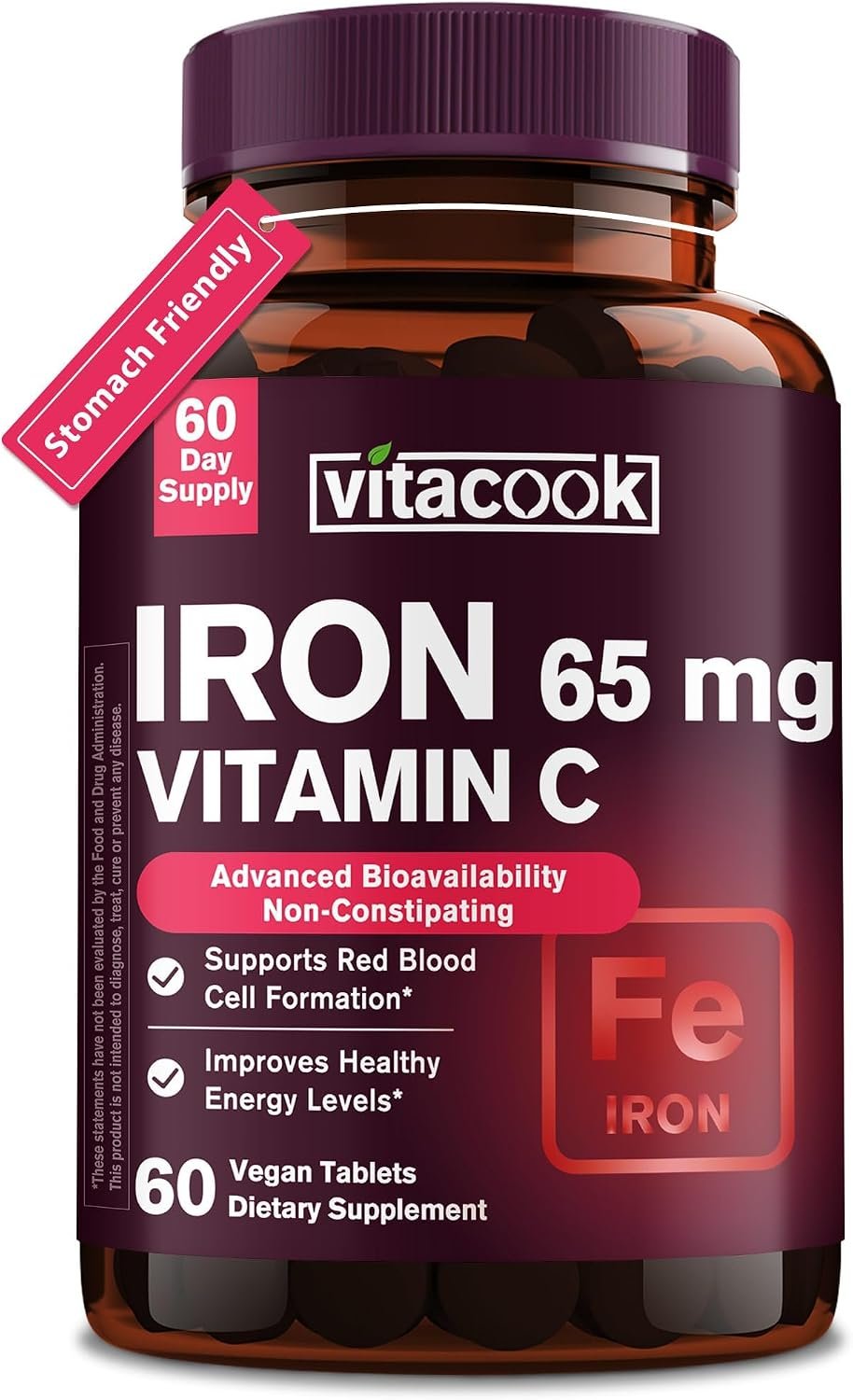Iron Supplement for Women Men, High Potency Iron 65mg with Vitamin C 250mg