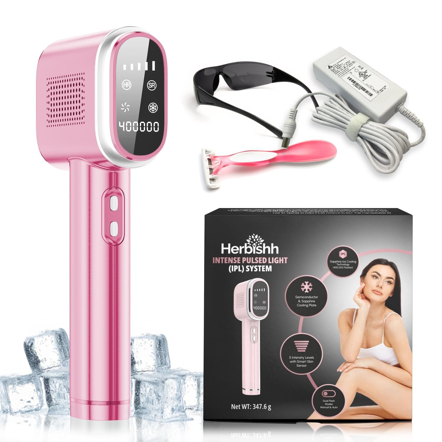 Herbishh At-Home Hair Reduction Handset with Cooling Care, Adjustable Intensity Levels, Dual Mode Personal Grooming Tool for Face & Body, Smooth Skin Light-Based Beauty Tool for Women & Men (Pink)