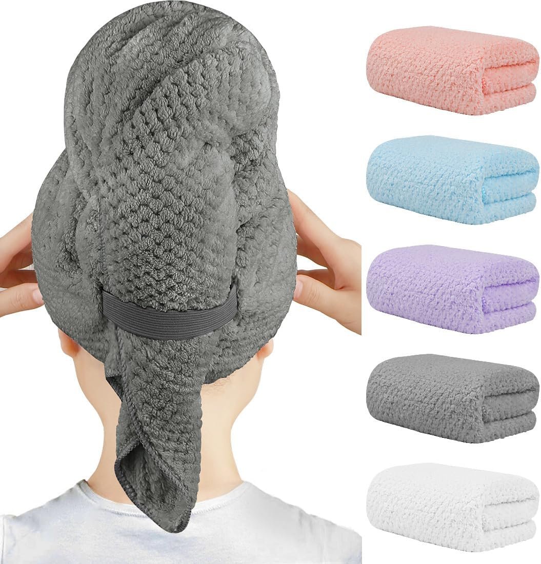 HOMEXCEL 5PK Microfiber Hair Towels, 40×20 in, Fast Drying for Long Hairs