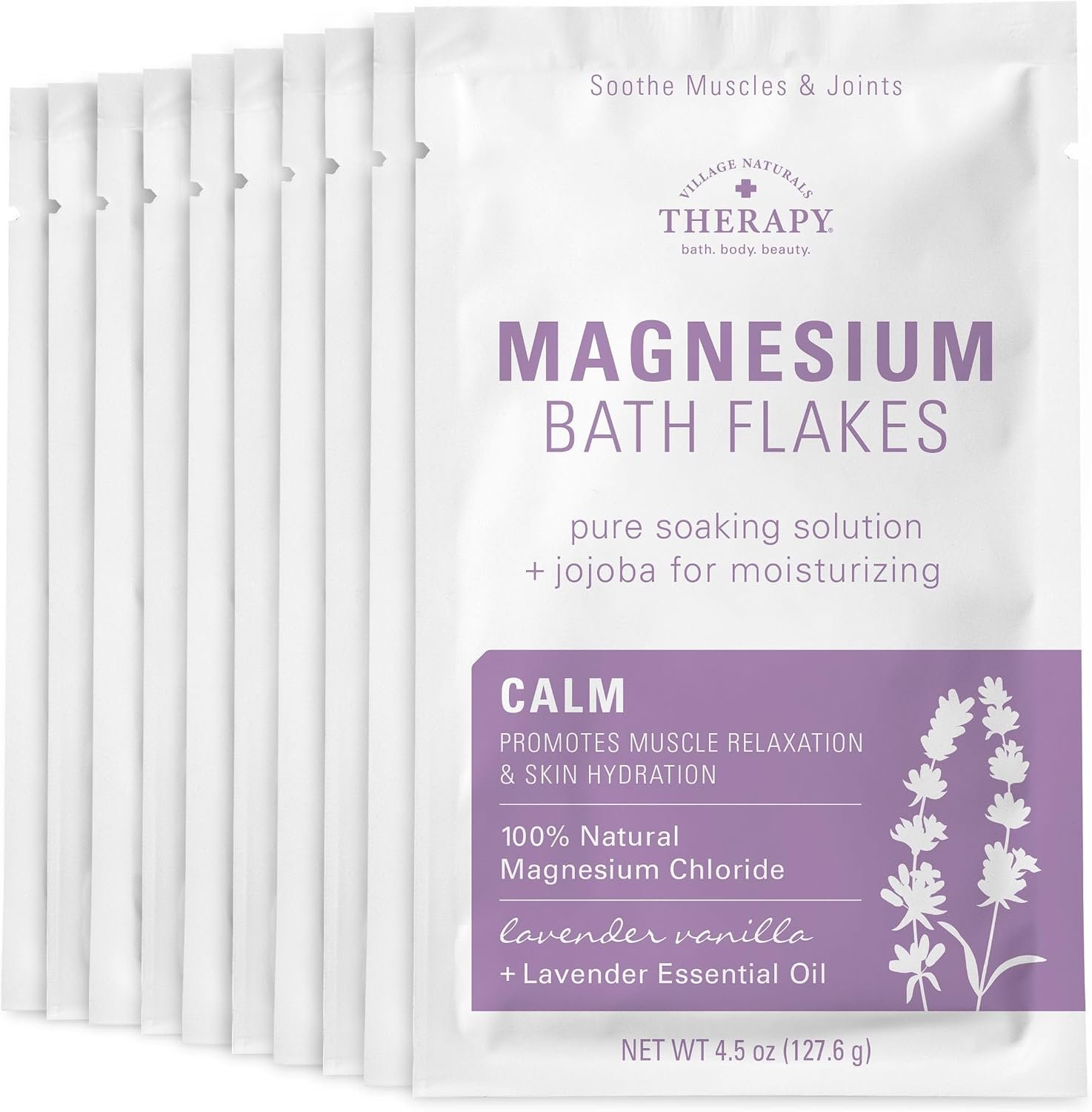 Village Naturals Therapy Calm Magnesium Bath Flakes, Lavender Vanilla Scent, 4.5 oz, Pack of 10