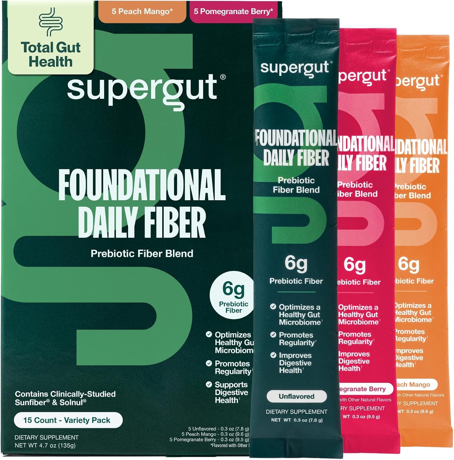 Supergut Foundational Daily Fiber, Vegan & Sugar Free Prebiotic Powder Blend for Gut Health & Digestive Support, Plant Based Supplement for Men & Women with 6g of Fiber, Variety Pack, 15 Stick Packs