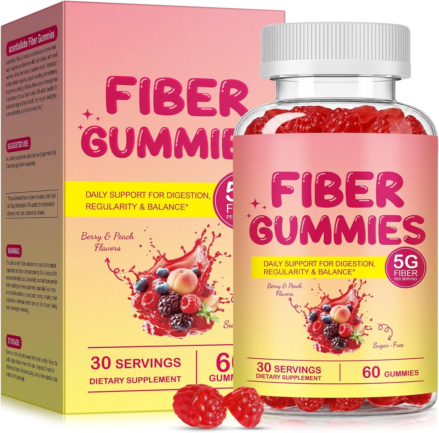 Prebiotic Fiber Gummies for Adults, 5g Per Serving, No Sugar, Chicory Root Inulin, Mixed Berry & Peach Flavor, Digestive Health & Regularity Support, Pectin-Based, 120 Gummies, 60-Day Supply