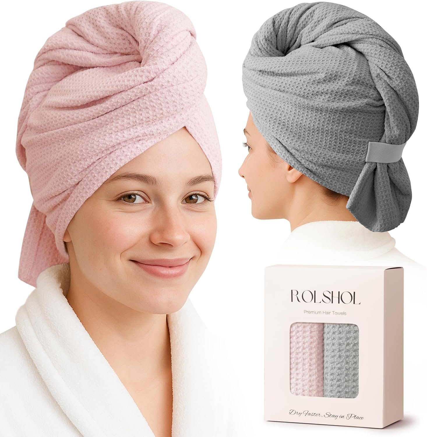 ROLSHOL 2 Pack Waffle Microfiber Hair Towel Wraps for Women, 32 x 11 in