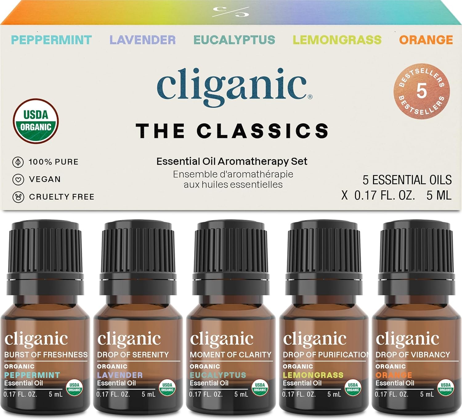 Cliganic Organic Essential Oils Set for Home Diffuser, 100% Pure, Top 5