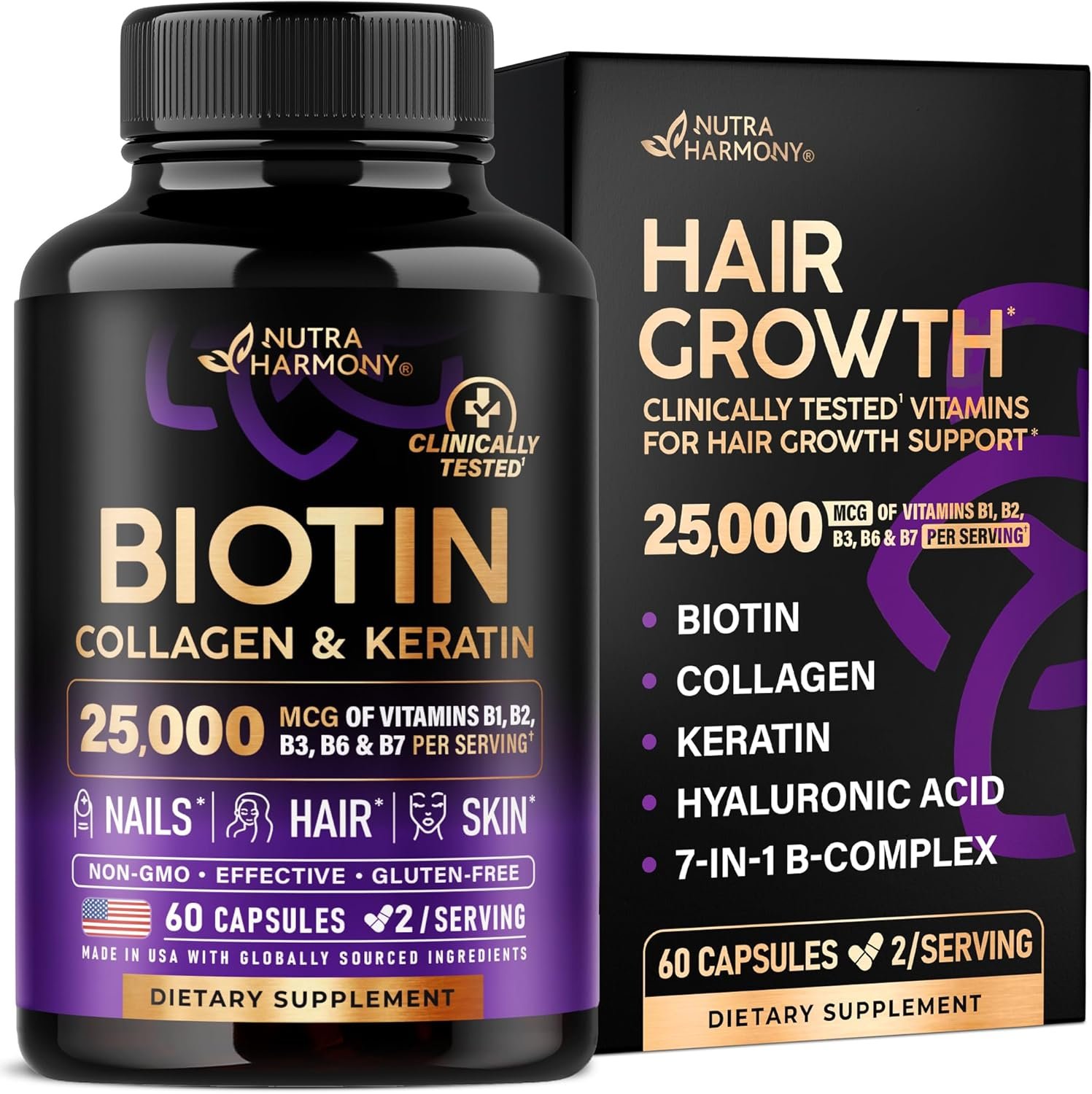 Biotin, Collagen, Hyaluronic Acid & Keratin – Hair Growth Support – 60 Caps