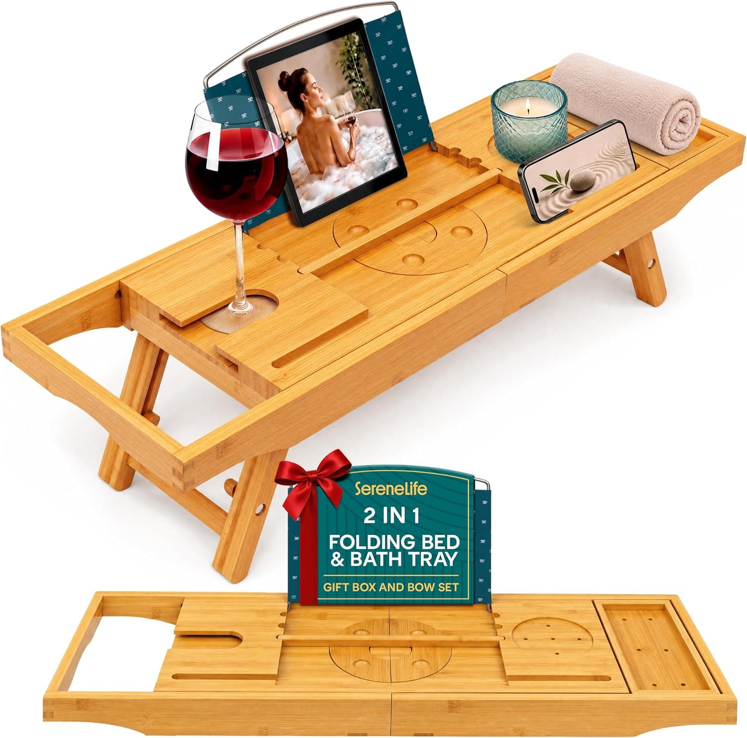 SereneLife 2 in 1 Bed and Bath Tray – Foldable Bamboo Bathtub Caddy with Adjustable Length, Non-Slip, Device Holder, Wine Glass Slot, Expandable for Comfortable Bathing, Natural, Standard, Folding Set