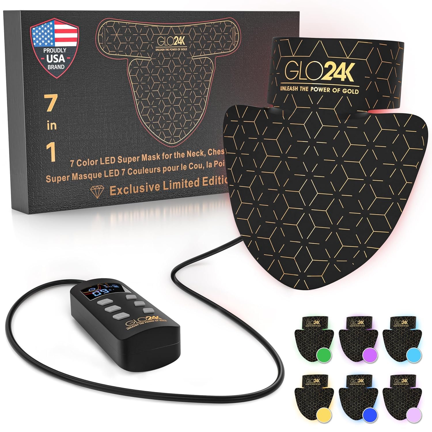GLO24K LED Neck Mask with 7 Color Modes – Rechargeable Red Light Beauty Mask for Neck, Chest & Décolleté, Adjustable Intensity and Timer for Smoother, Radiant-Looking Skin