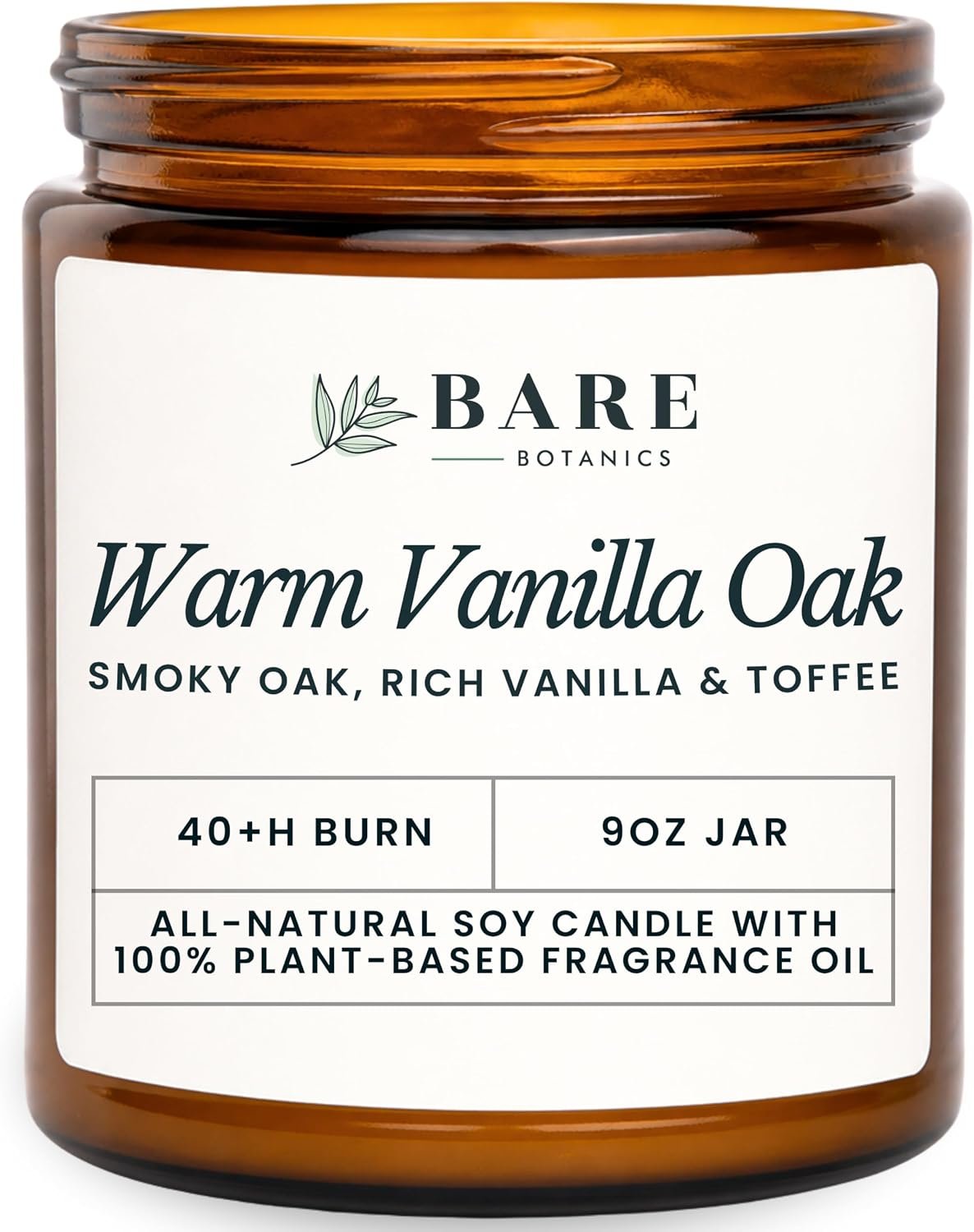 Bare Botanics 9oz Non Toxic Soy Candle Warm Vanilla Oak – 40+ Hour Burn