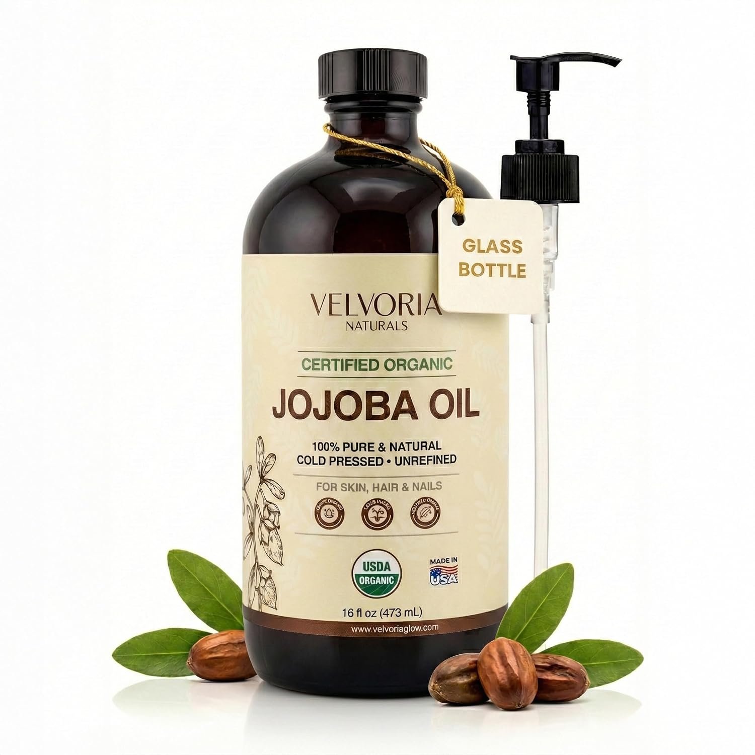 Organic Jojoba Oil – 100% Pure, Cold Pressed, Unrefined Non-GMO for Skin, Hair & Nails 16oz – Glass bottle with pump