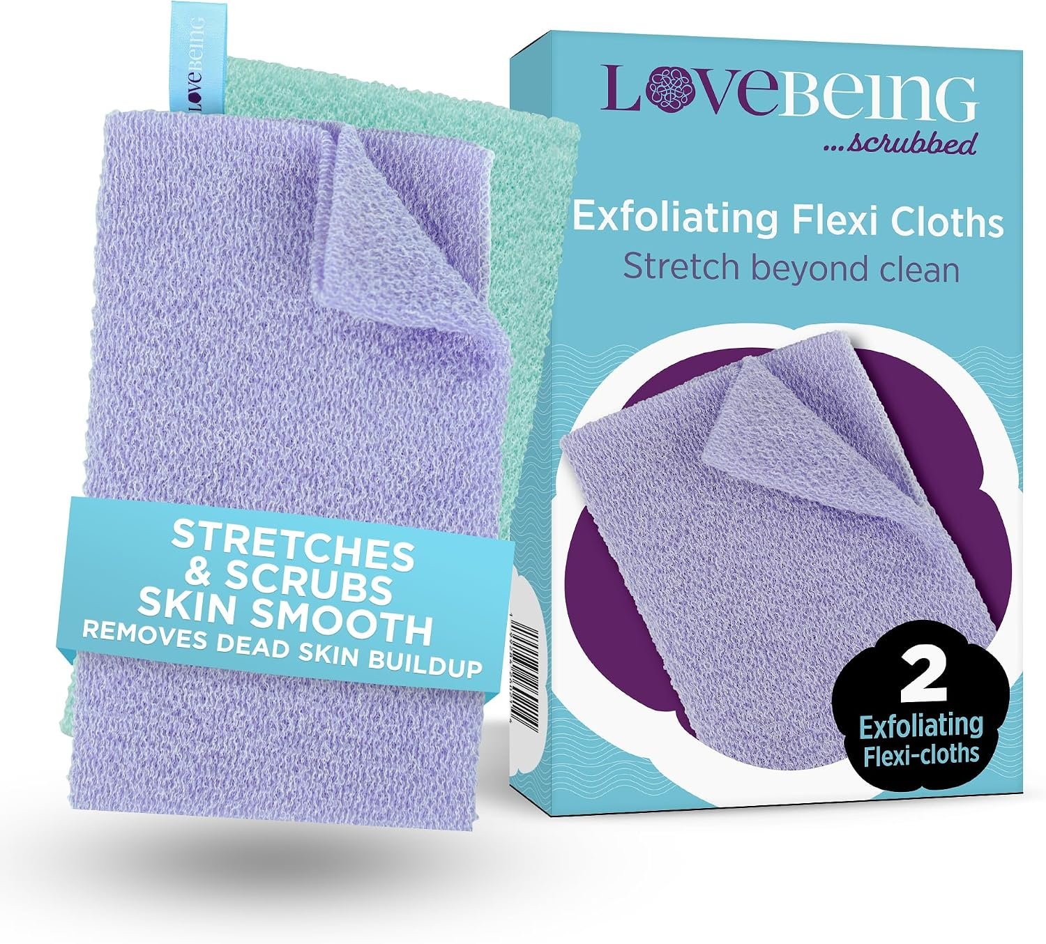 Love Being Scrubbed Exfoliating Flexi Cloths, Stretchy Back Scrubber for Shower & Bath, Exfoliating Body Scrubber for Smooth Skin, Body Scrubber for Men & Women (2 Count, Assorted Colors)
