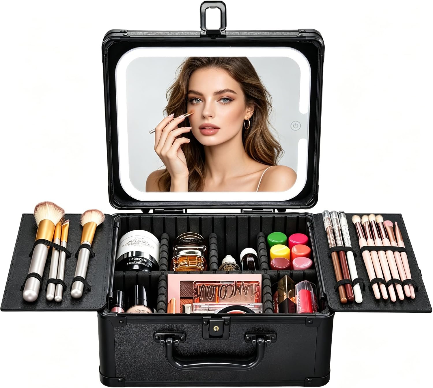Faquenc Makeup Bag with LED Mirror – Hard Makeup Case with Lighted Mirror, Portable Makeup Organizer Box with 3-Color LED Light, Makeup Train Case with 6 Dividers, Makeup Travel Case for Women