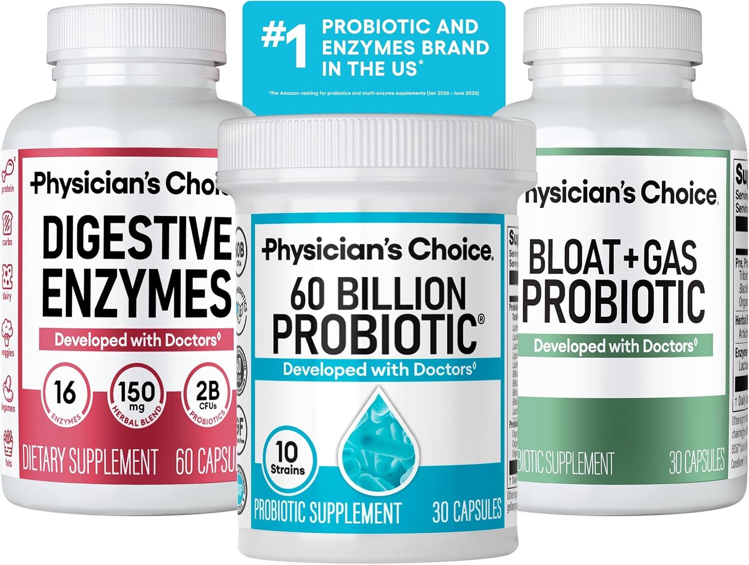 Physician’s CHOICE Gut Guardian Bundle: Advanced Bloating & Digestion Support with 60 Billion Probiotic, Digestive Enzymes & Bloat + Gas Probiotic – Daily Gut Health Support for Women and Men