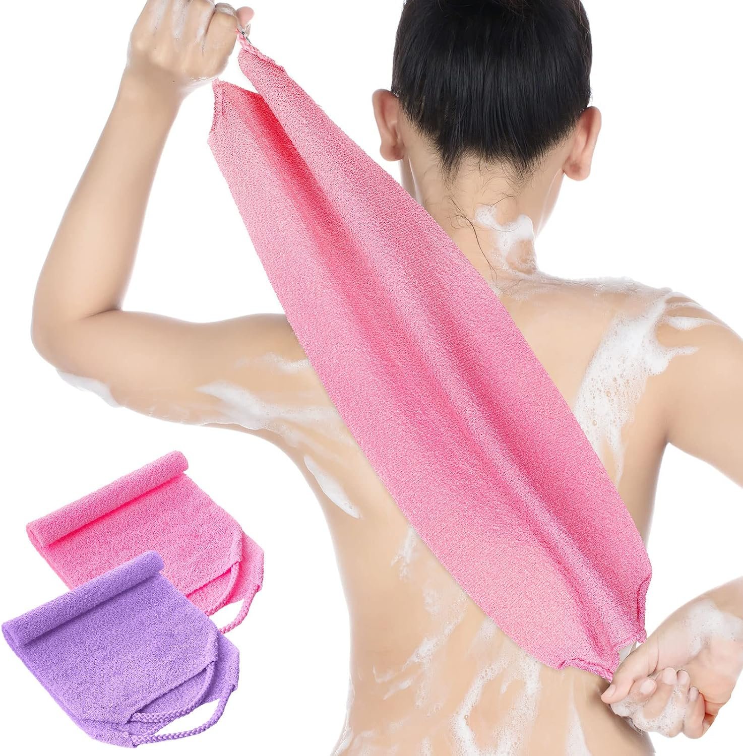 2 Pcs Exfoliating Shower Back Scrubber with Handles for Women, Pink,Purple