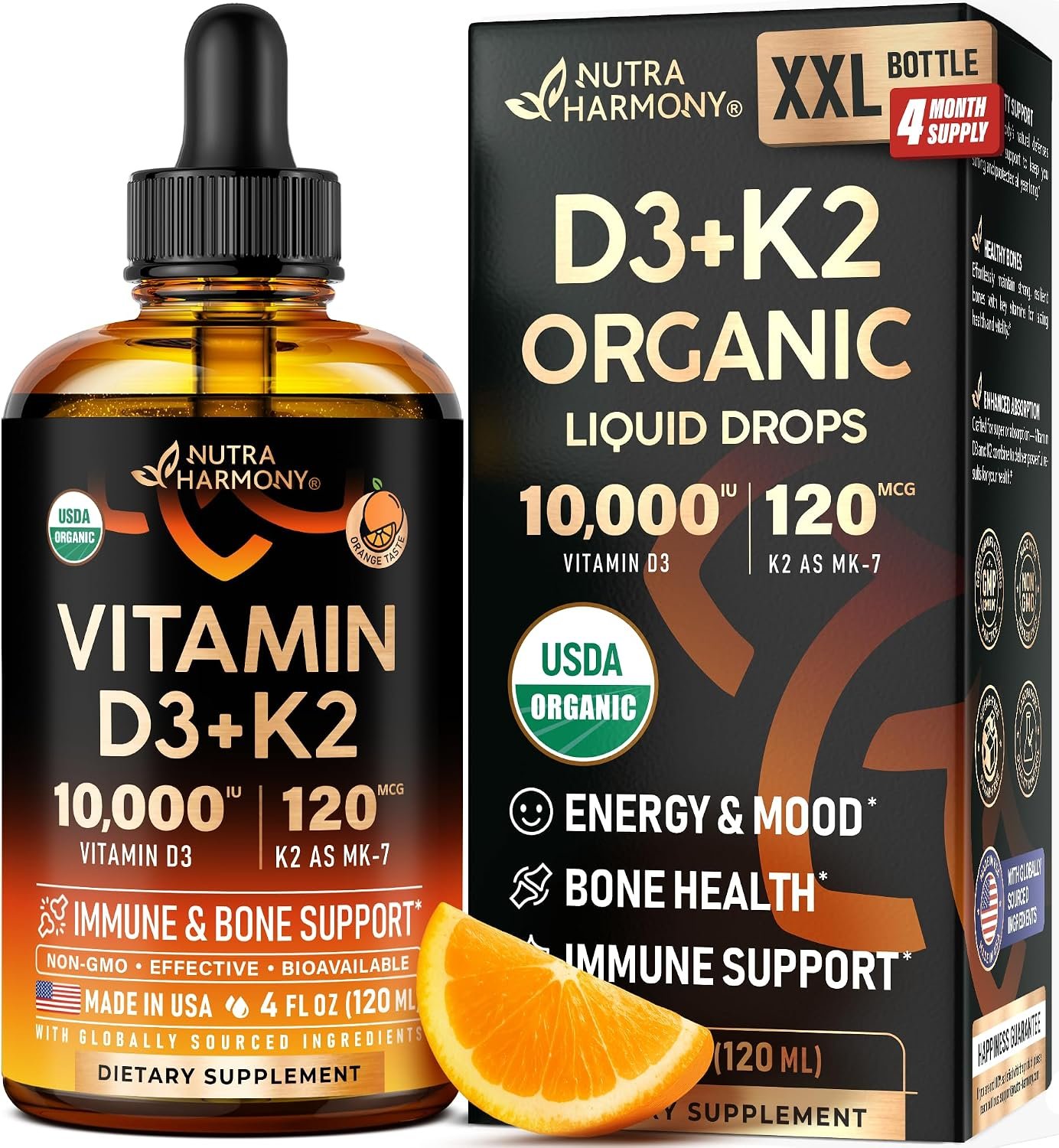 Vitamin D3 K2 USDA Organic Drops – Vitamin D3 10000 IU & K2 120mcg – 4 OZ