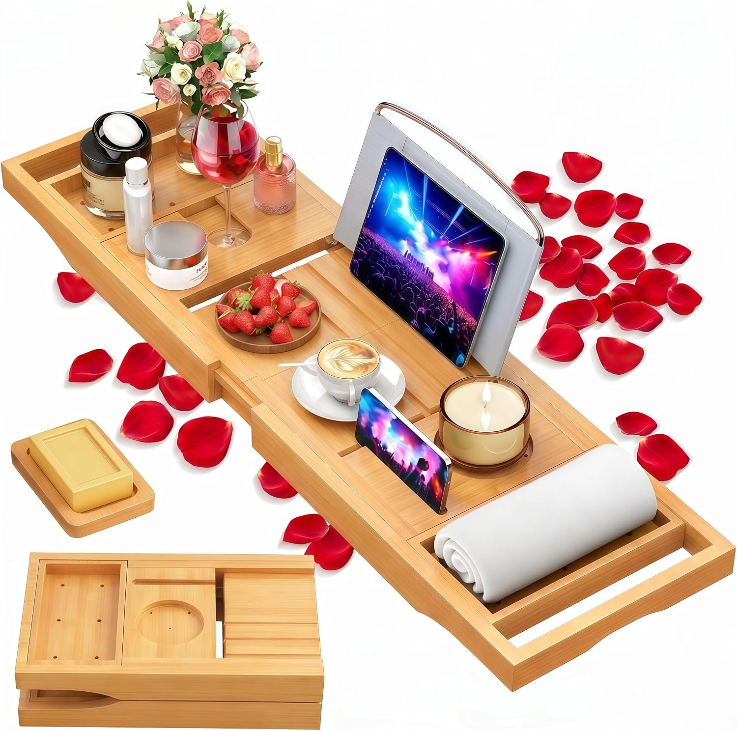 Foldable Bathtub Tray Caddy with Soap Dish Adjustable 29.5-43”Beige