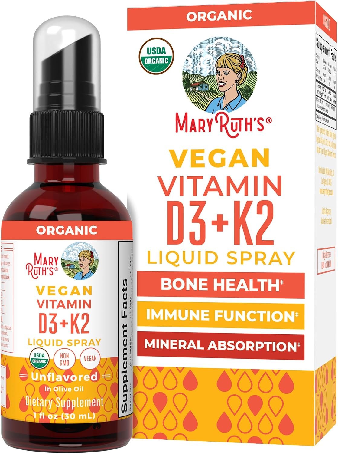 MaryRuth’s Vitamin D3 + K2 Spray for Adults & Kids for Bone Health, 1 Fl Oz