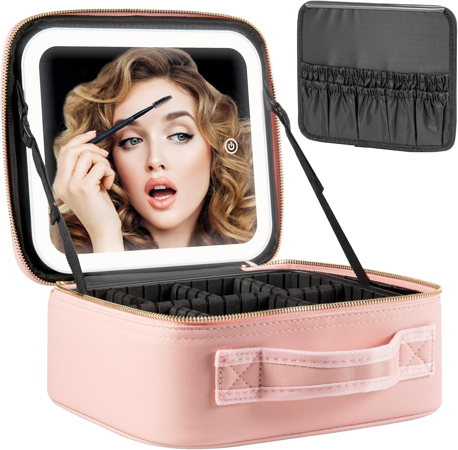 Extrei Gent Makeup Travel Train Case with Mirror LED Light 3 Adjustable Brightness Large Cosmetic Bag Portable Storage Adjustable Partition Waterproof Makeup Brushes Make up Jewelry Gift for Women