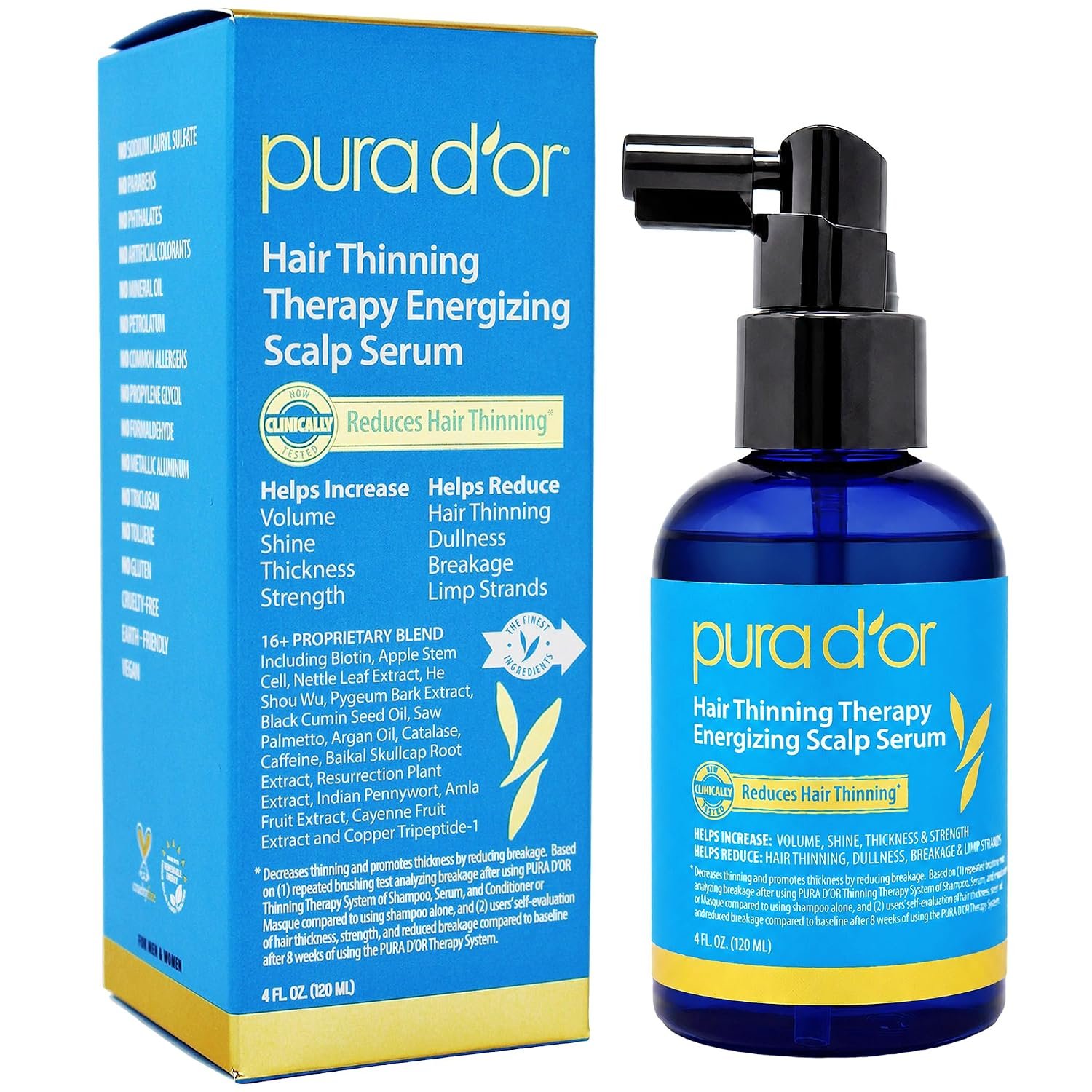 PURA D’OR Hair Thinning Therapy Energizing Scalp Serum 4oz w/Copper Tripeptide, Biotin, Caffeine, Plant Stem Cell, Catalase & DHT Balance, Rosemary Green Tea Leaf Extract, All Hair Types, Men Women