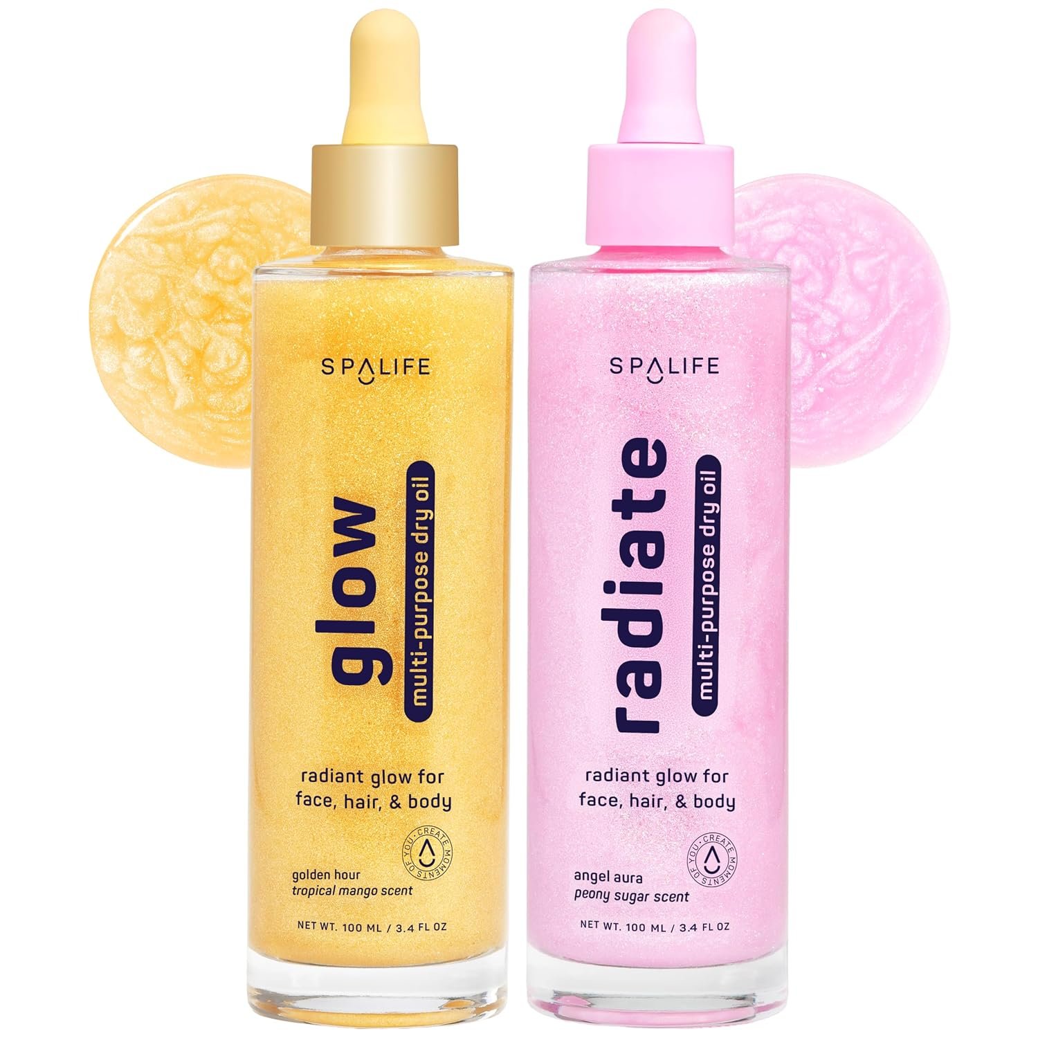 SpaLife Glow & Radiate Dry Shimmer Body Oil | Golden Mango & Pink Peony Body Oil with Shimmer | Hydrating Shimmering Body Oils for Glow | 3.4 Fl. Oz. (2 Pack)