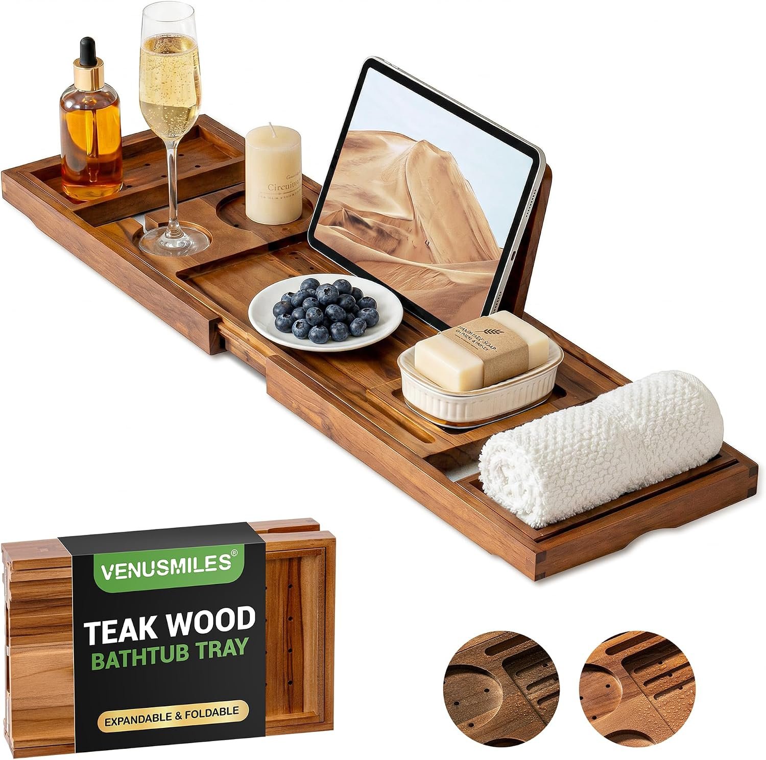 Venusmiles Teak Bathtub Tray Caddy, Foldable Bath Tray with Expandable Handles, Wine Glass and Phone Holders, Book Stand, for Home Spa Relaxation, Luxury Bathroom Accessories – Light Walnut Color