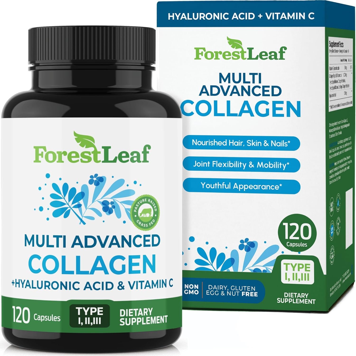 ForestLeaf Collagen Supplements for Women & Men Types I/II/III, 120 Caps