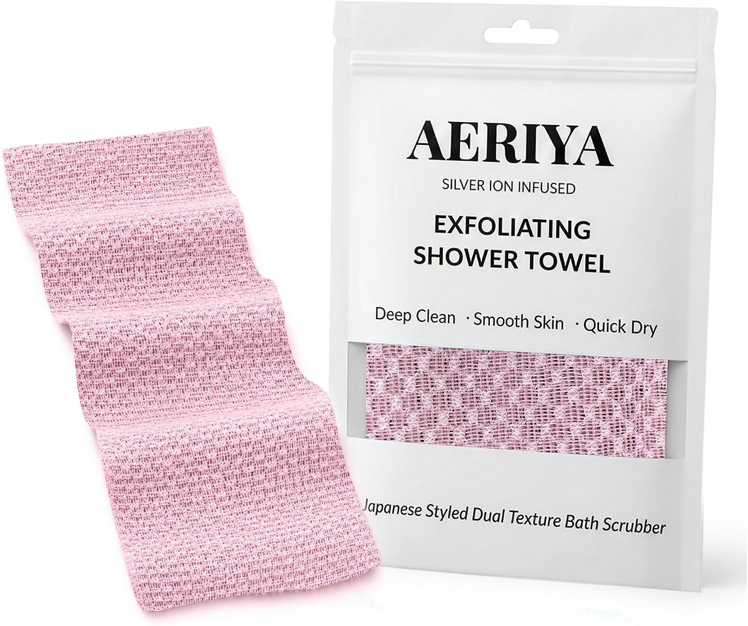 Exfoliating Washcloth – Long Japanese-Style Back Scrubber for Shower, 2-Sided Body Scrub Exfoliating Towel, Quick Dry Bath Cloth for Women, Pink