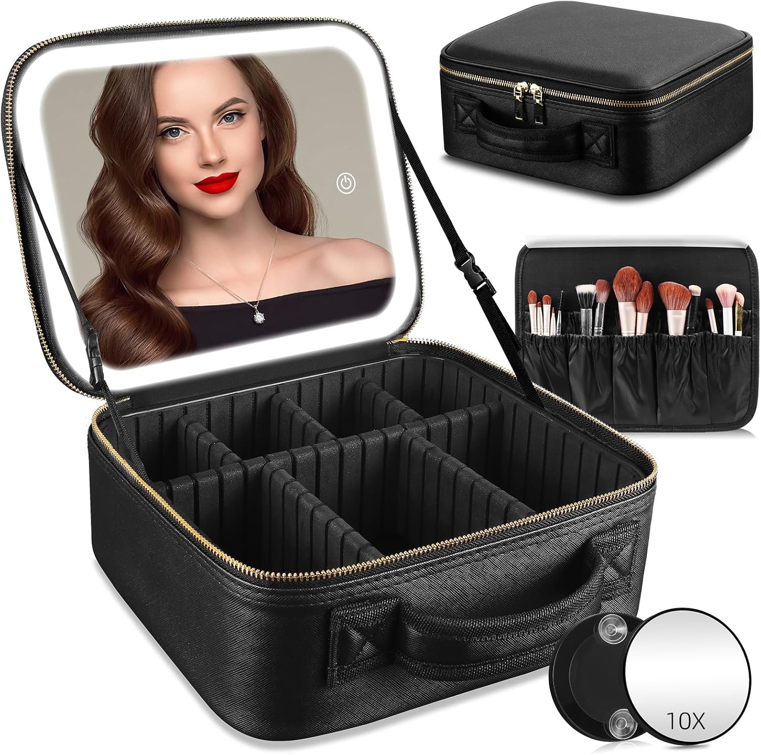 Travel Makeup Bag with Mirror of LED Lighted, Makeup Train Case with Adjustable Dividers, Makeup Case with Mirror and Detachable 10x Magnifying Mirror