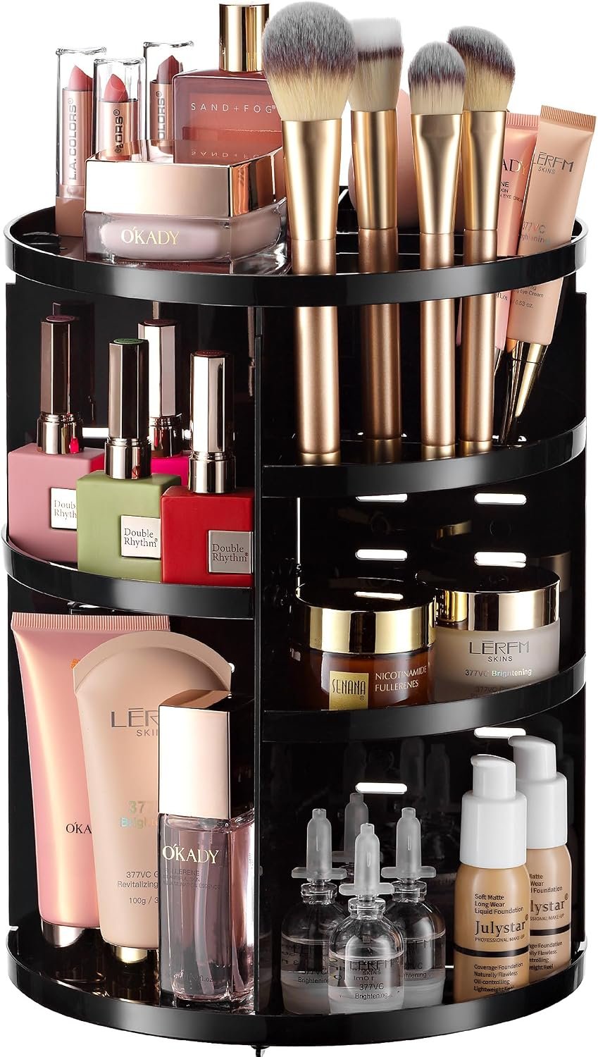 Masirs 360 Rotating Makeup Organizer Countertop, Adjustable Shelf, Black