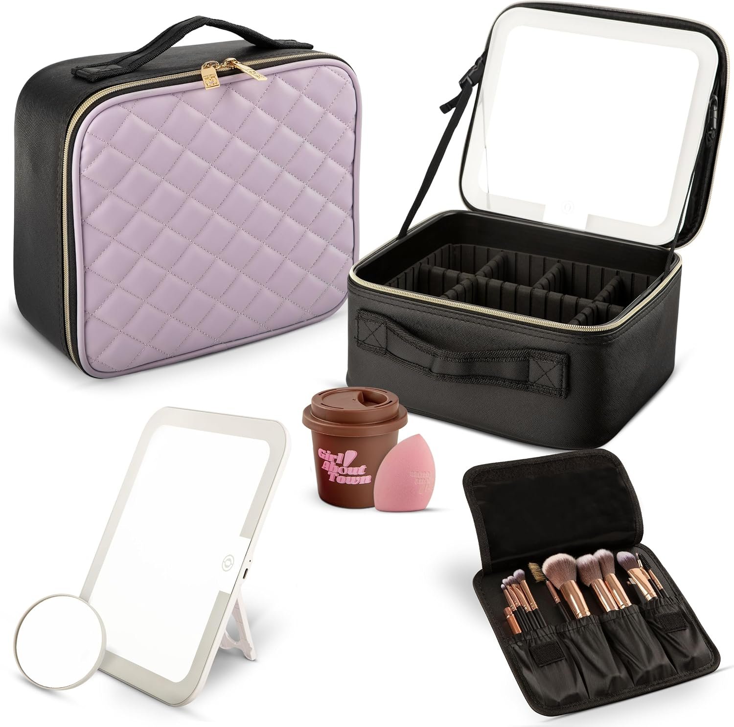 Girl About Town Travel Makeup Bag with LED Mirror – LED Makeup Bag with 10x Magnifier Mirror and Beauty Blender Included – Water-Resistant & Customizable Makeup Case with Lighted Mirror