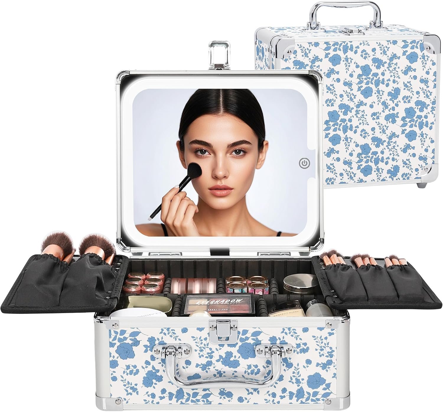 Relavel Makeup Bag with LED Mirror, Makeup Box Travel Train Case with Rechargeable Lighted Mirror, Cosmetic Brush Organizer Storage for Makeup Artists Gifts for Women and Girls, Floral Print