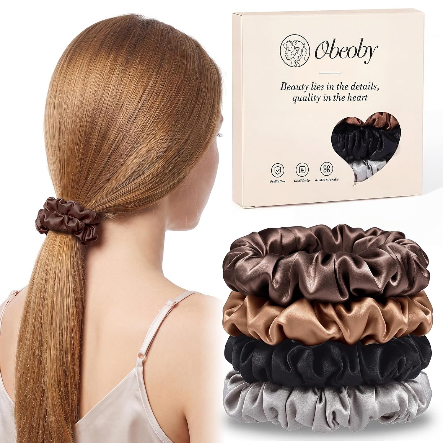 100% Mulberry Silk Hair Ties, 4 Pack Small Scrunchies for Women Girls