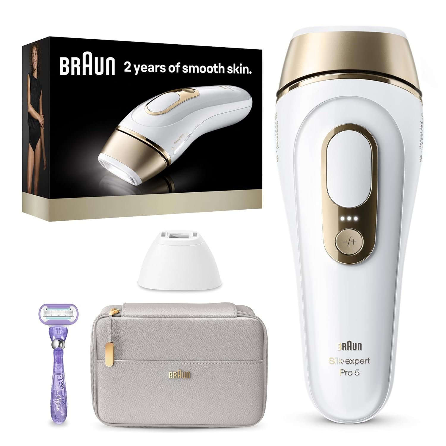 Braun IPL, Silk·Expert Pro 5, IPL Hair Removal for Women and Men, Permanent Laser Hair Reduction At-Home, 2 Heads, Pouch, Venus Razor, IPL5157