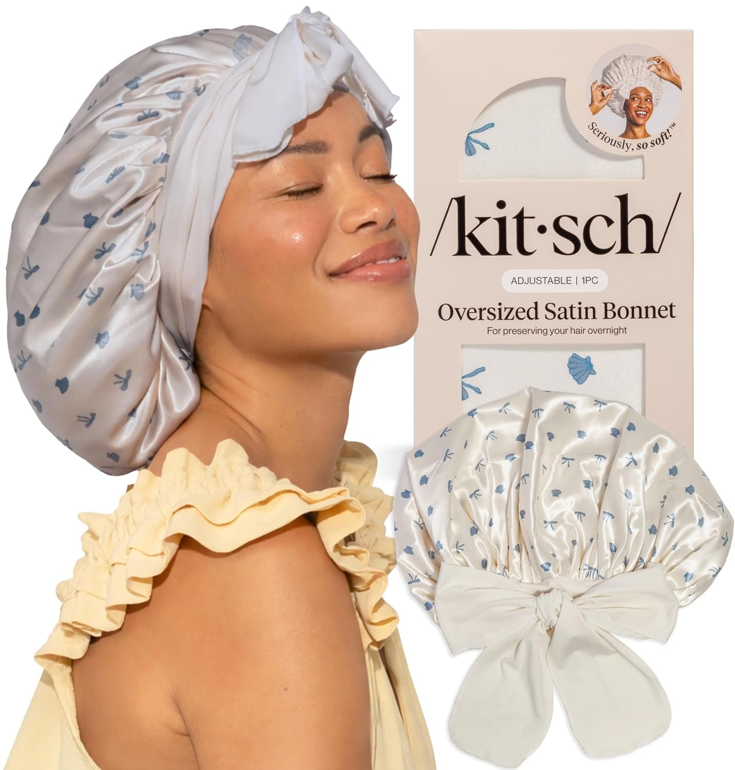 Kitsch XL Satin Bonnet for Sleeping – Pearlized Cream & Coastal Blue Print
