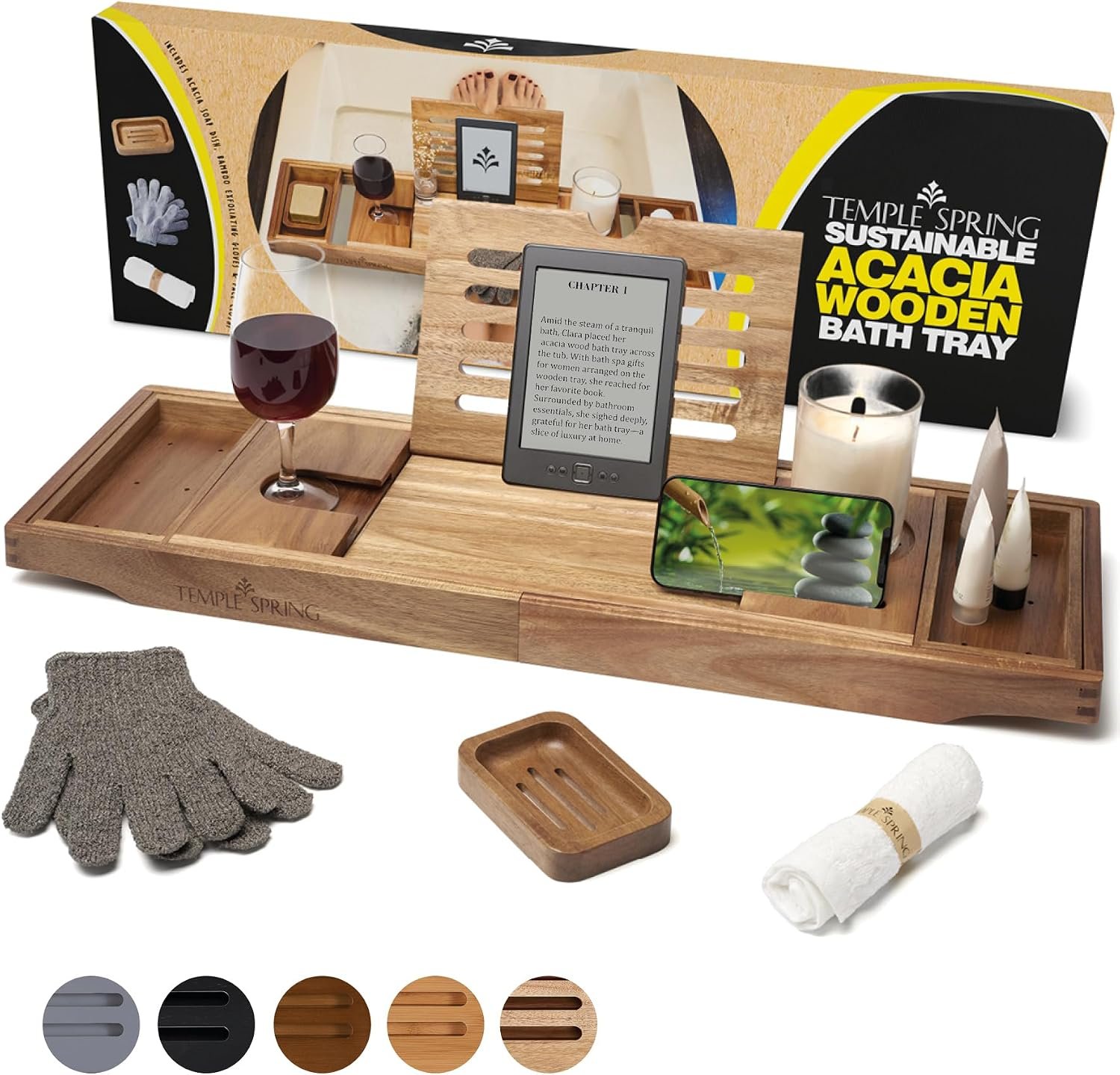 Temple Spring Acacia Wood Bathtub Tray Caddy for Tub — Expandable Bath Tray with Solid Book Stand Wine Holder and Non-Slip Pads — Includes Soap Dish and Spa Accessories — Luxury Hardwood Bath Gift Set