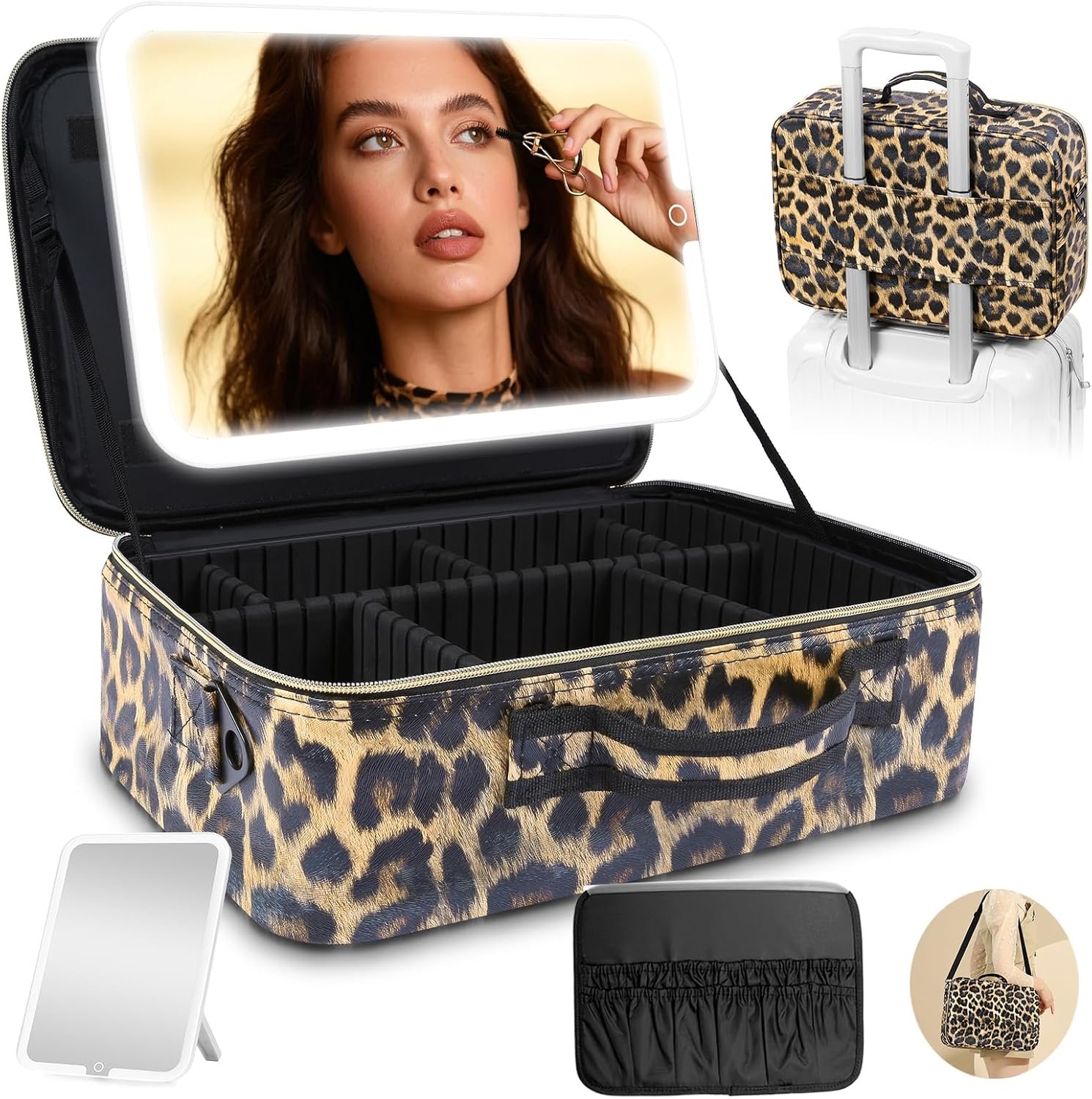 15”X11” Large Makeup Bag with Removable Lighted Mirror, PU Leather