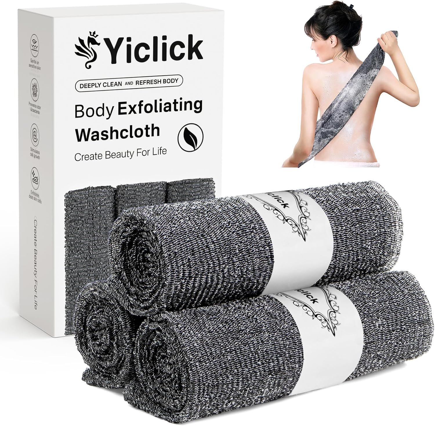 Yiclick 3 PCS Exfoliating Washcloth Towels – Exfoliating Body Scrubber Exfoliator, Back Scrubber for Shower Bath Use, Japanese & Korean Scrub Wash Cloths, Loofah Lufa Sponge Washer for Women Men
