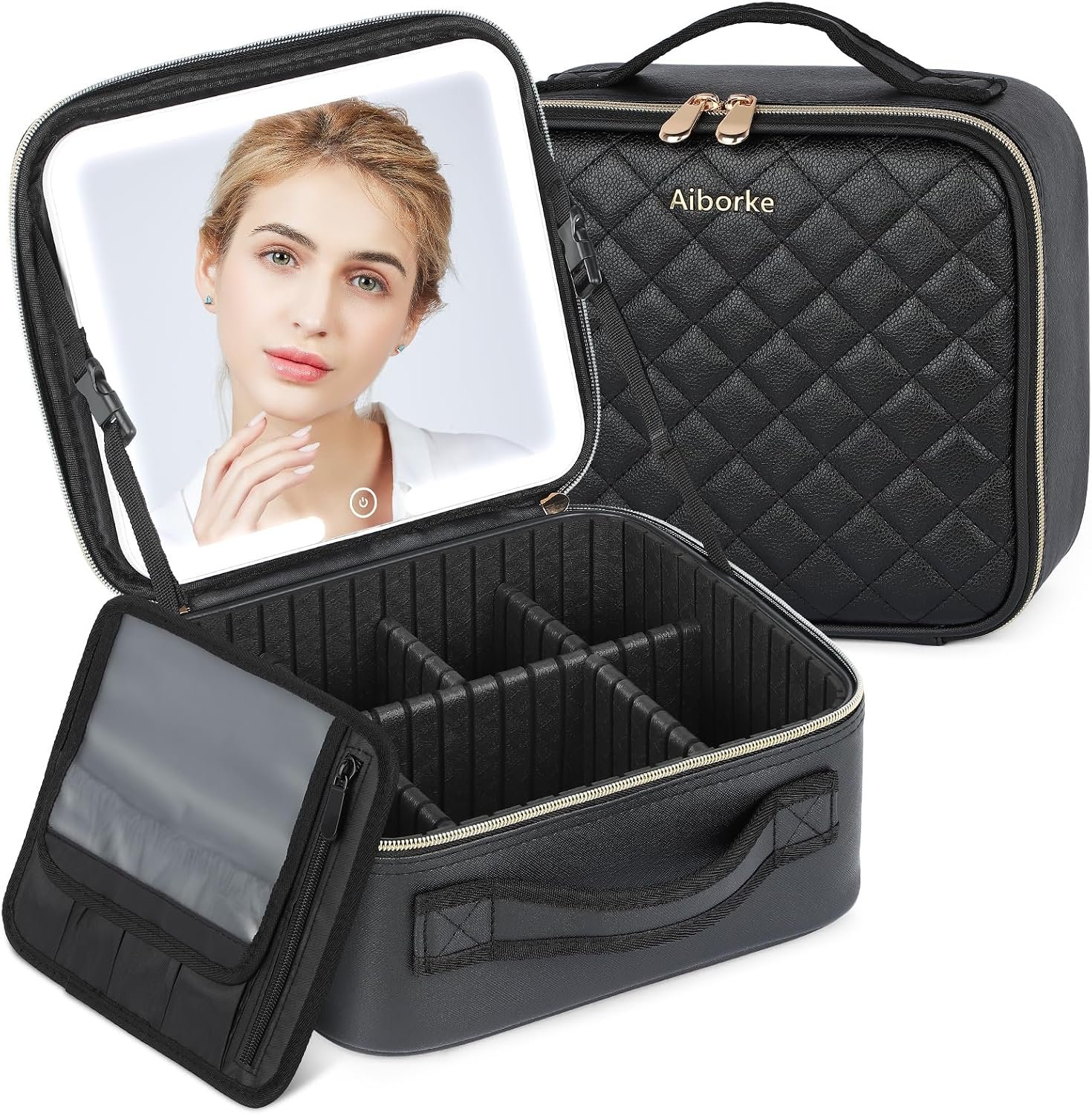 Travel Makeup Bag with Led Mirror Make up Case with Lighted Mirror Cosmetic Organizer bag with Adjustable Dividers and 5X Magnifying Mirror Makeup Box Vanity Case for Women